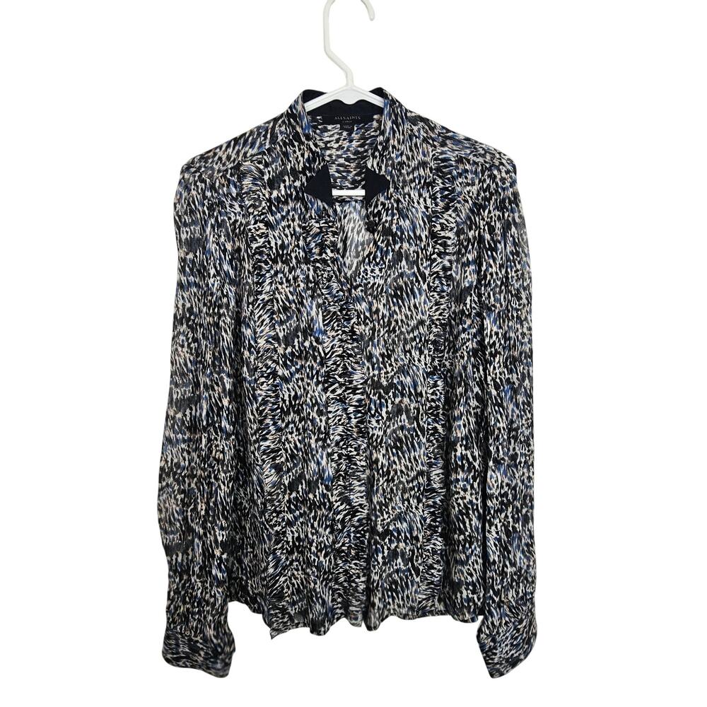 AllSaints Blouse Black Button Front Long Sleeve Top Ruffle Detail Women L